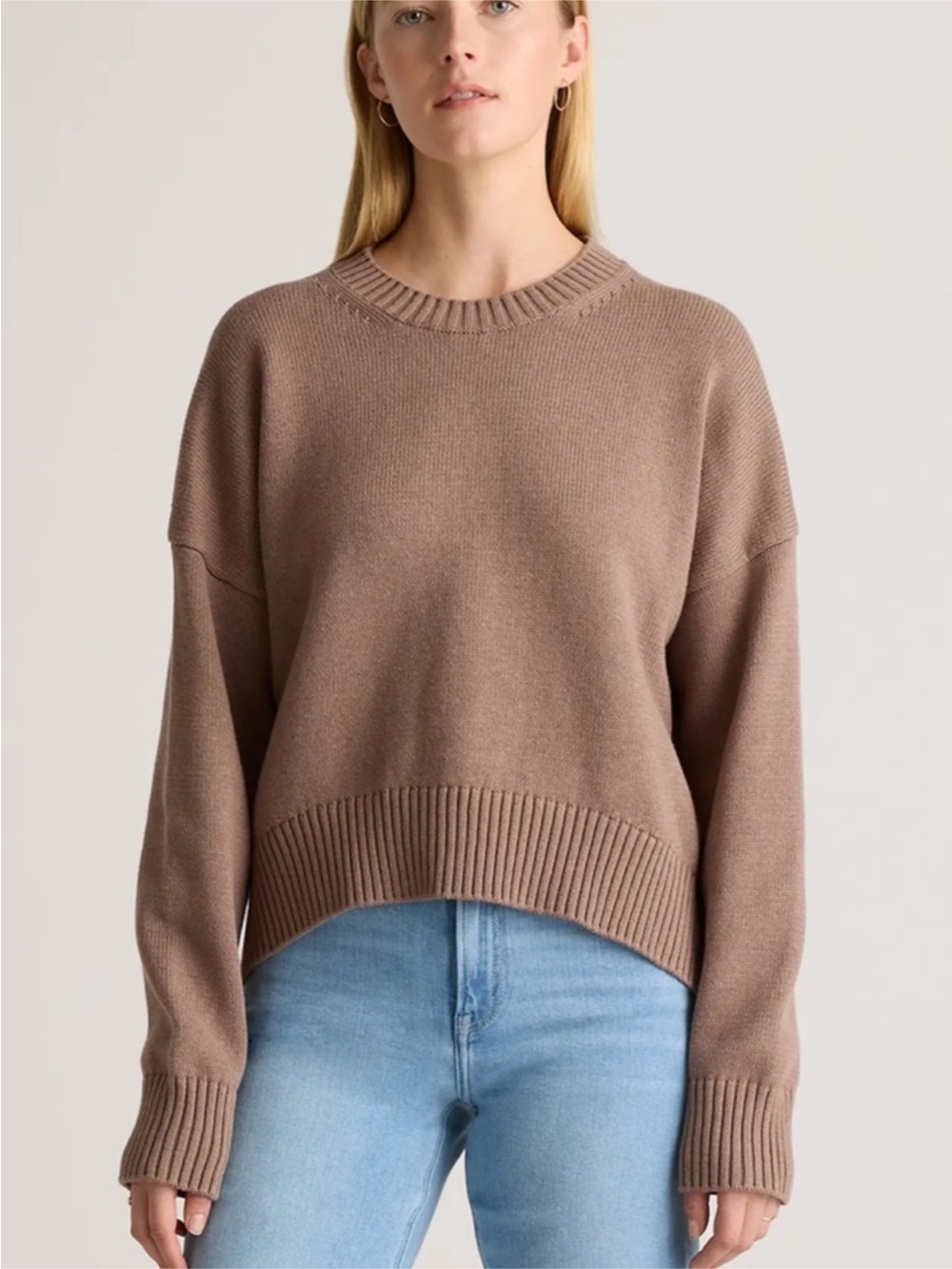 Quince Boyfriend Crew Neck 100% Organic Cotton Tan Brown Cropped Sweater Medium
